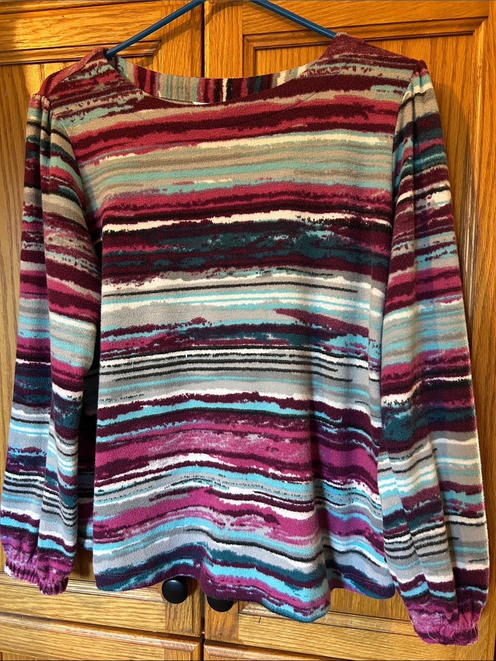 Northern Reflections Striped Crewneck Sweater in Magenta, Teal, Cream and Gray
